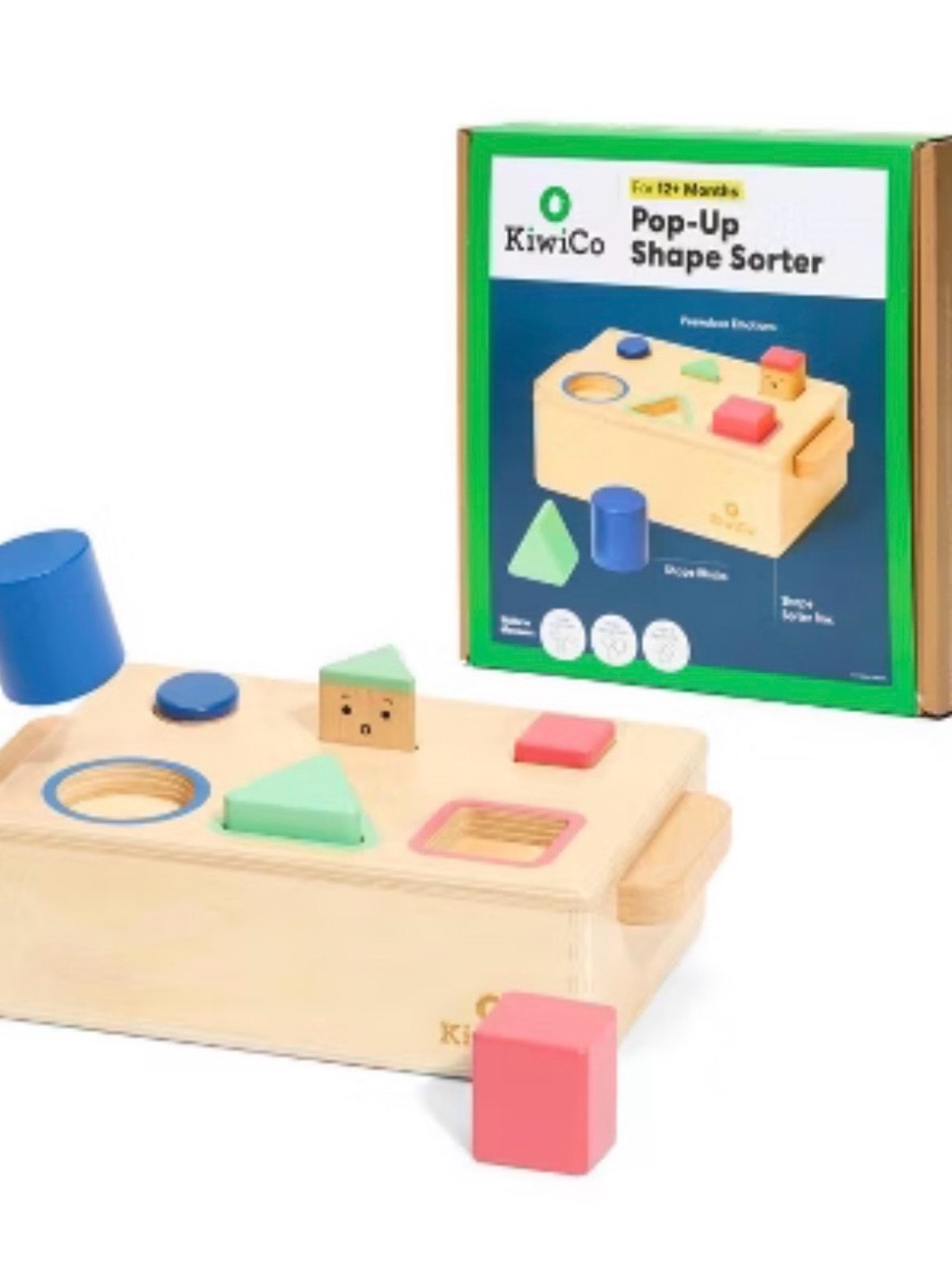 KiwiCo Wooden Pop-Up Shape Sorter Toy - Blue, Green, Pink, Natural